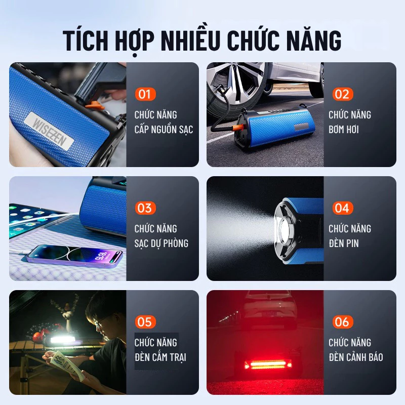 Bơm Lốp Kích Bình ắc Quy Ô Tô 4 Trong 1 Wisezen Có Thể Dùng Làm Pin Sạc Dự Phòng Tích Hợp đèn LED Dễ Thao Tác 8 Bơm Lốp Kích Bình ắc Quy Ô Tô 4 Trong 1 Wisezen Có Thể Dùng Làm Pin Sạc Dự Phòng Tích Hợp đèn LED Dễ Thao Tác - Ảnh 6